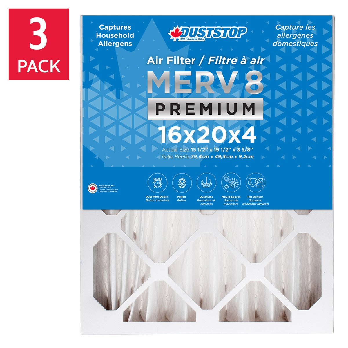 Duststop MERV 8 Premium Pleated Furnace Filter, 3-pack