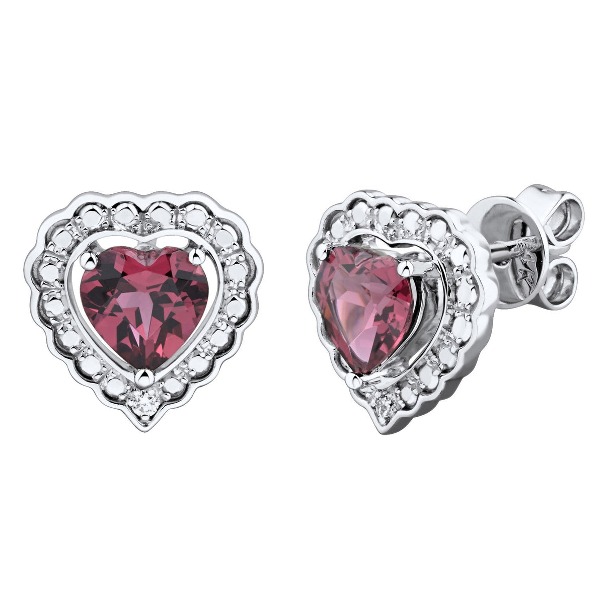 Heart Shaped Rhodolite Garnet and Diamond Earrings (0.01 ctw)