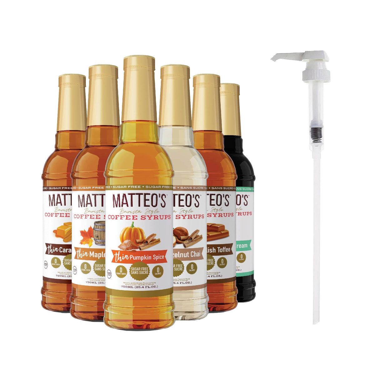 Matteo's Sugar-Free Coffee Syrup Variety Pack, 6 × 750 mL + 1 pump