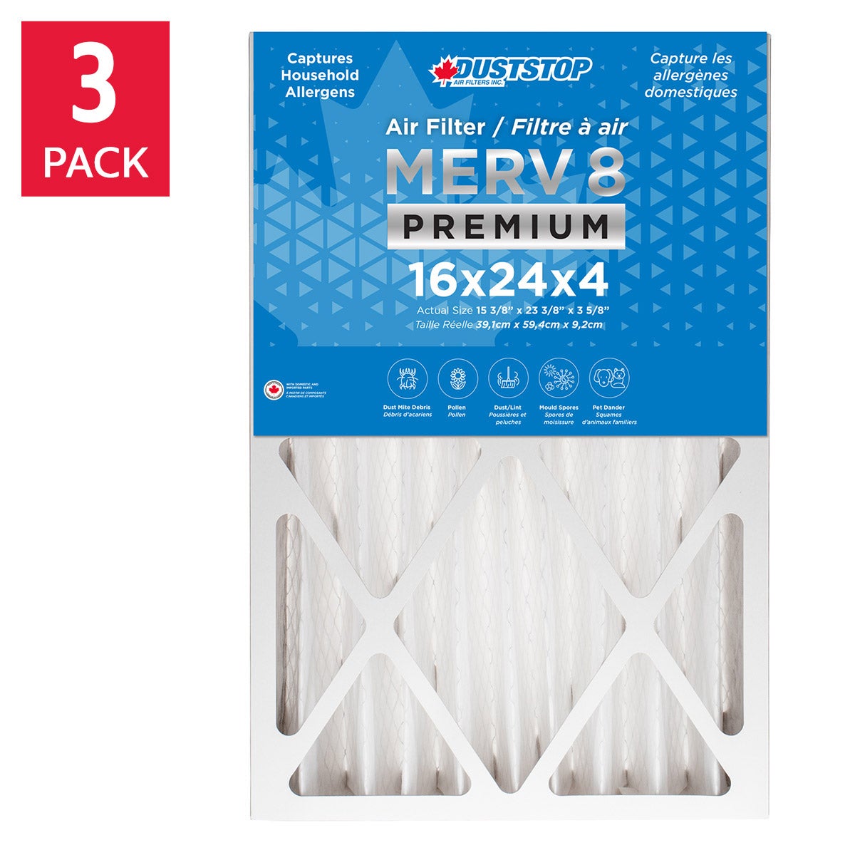 Duststop MERV 8 Premium Pleated Furnace Filter, 3-pack