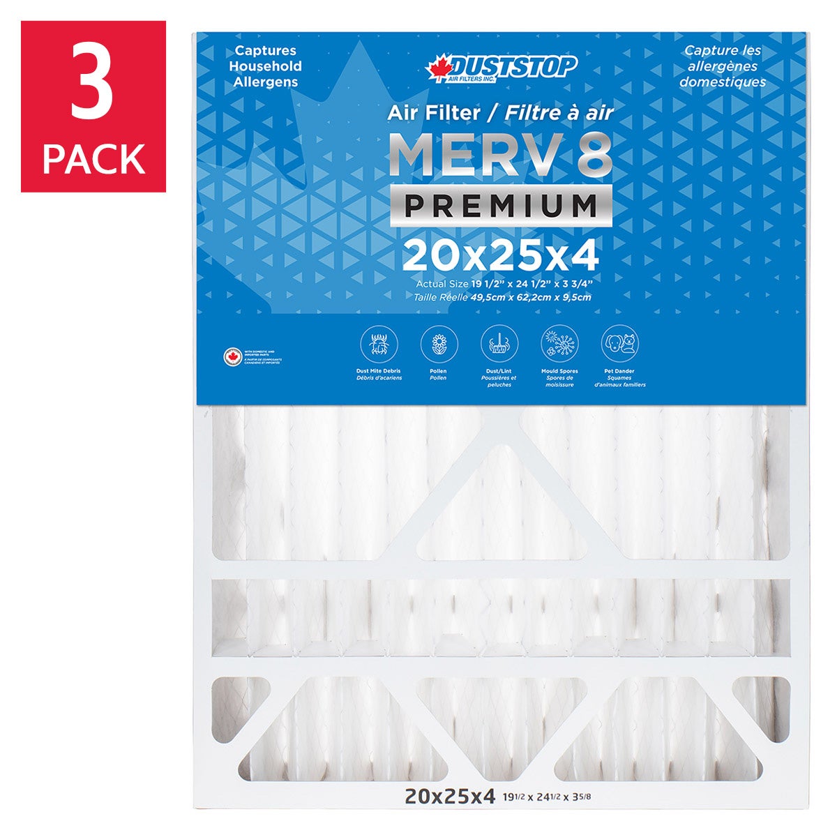 Duststop MERV 8 Premium Pleated Furnace Filter, 3-pack