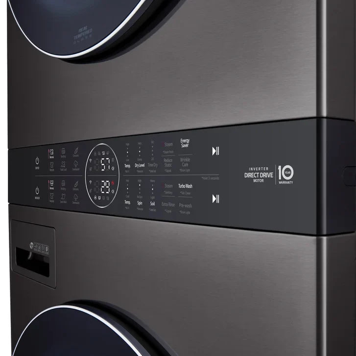 LG Black Steel Single Unit Front Load WashTower with Centre Control 5.2 cu. ft. Steam Washer and 7.4 cu. ft. Steam Gas Dryer