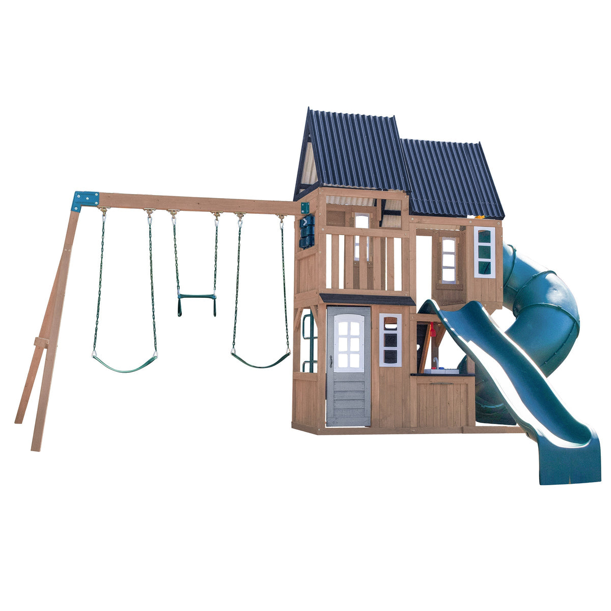 KidKraft Acadia Manor Wooden Outdoor Swing Set with Two Slides