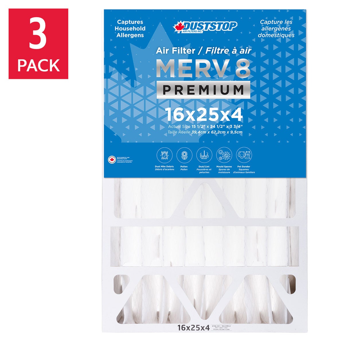 Duststop MERV 8 Premium Pleated Furnace Filter, 3-pack