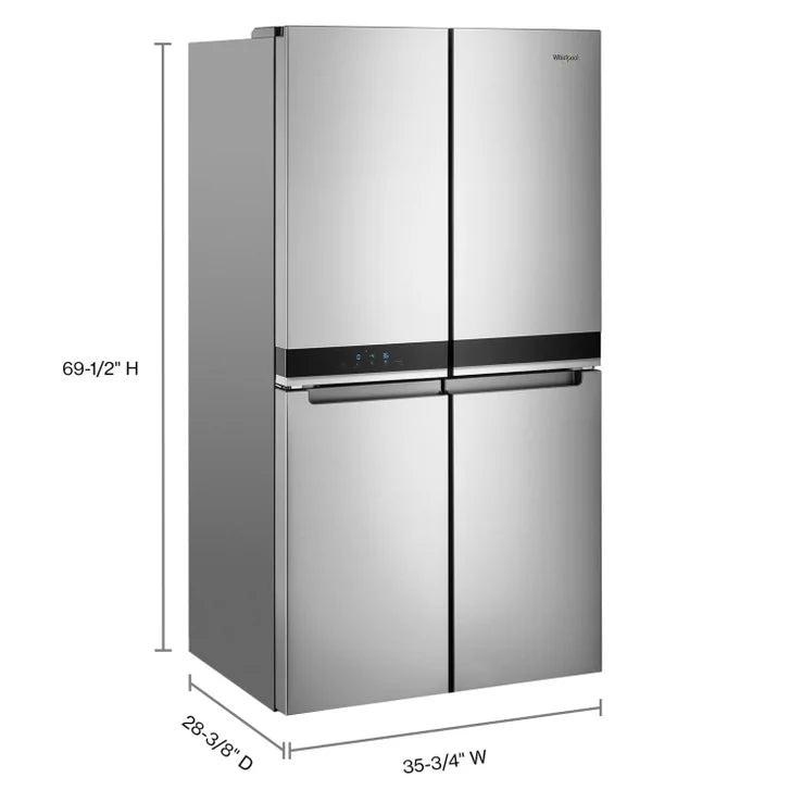 Whirlpool Kitchen Suite with Stainless Steel 36 in. 19.4 cu ft. Counter Depth 4 Door Refrigerator, 30 in. 5.3 cu ft. Electric Range and 24 in. Dishwasher