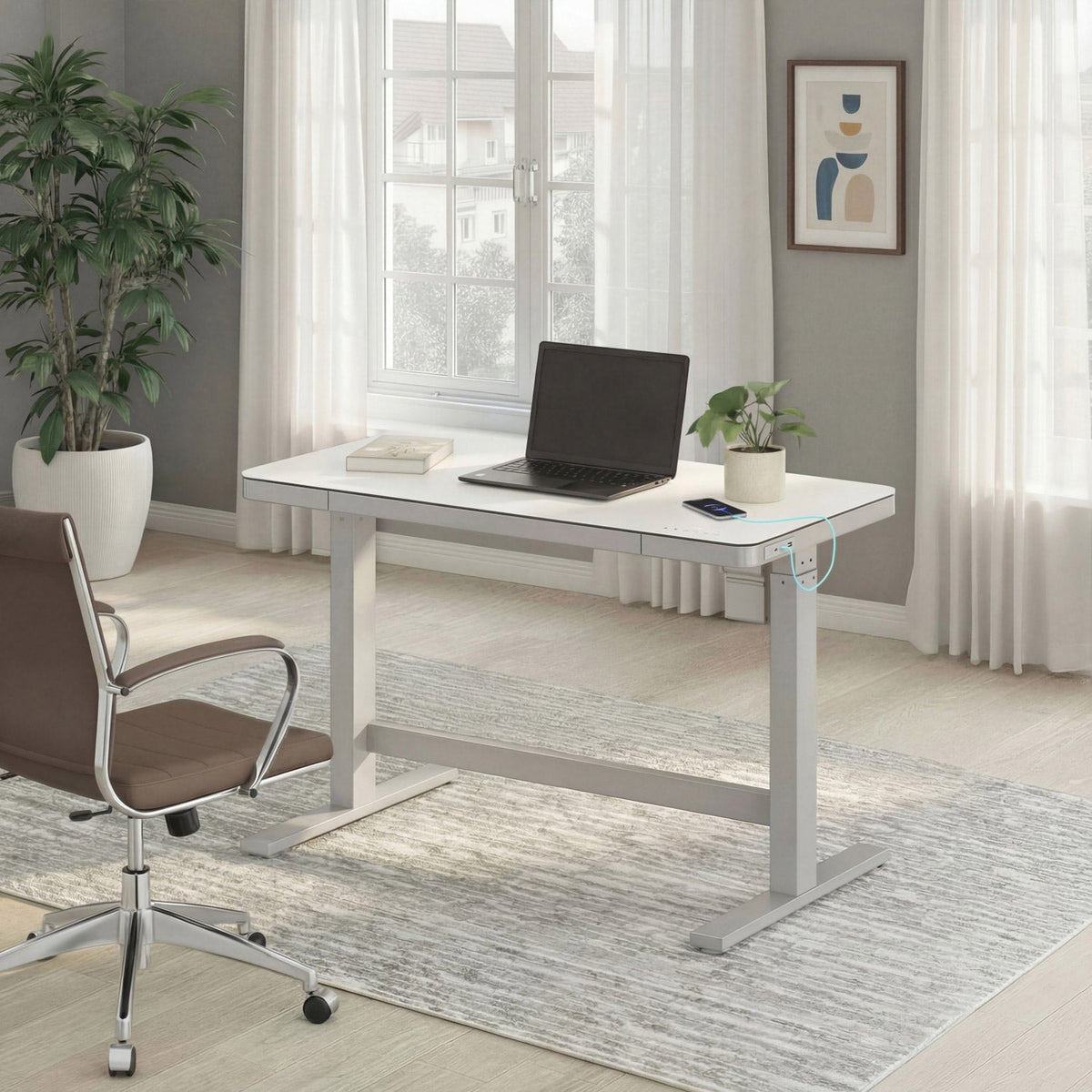 Tresanti Tessa 119.4 cm (47 in.) Adjustable Height Desk with LED Lighting, White