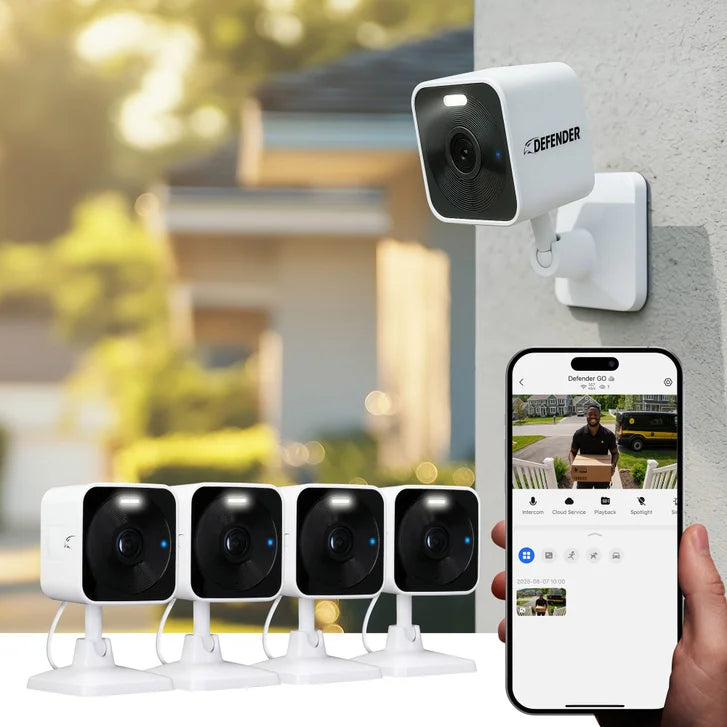 Defender GO 2K AI Powered Plug-in Indoor/Outdoor Wi-Fi Security Cameras, 4-pack