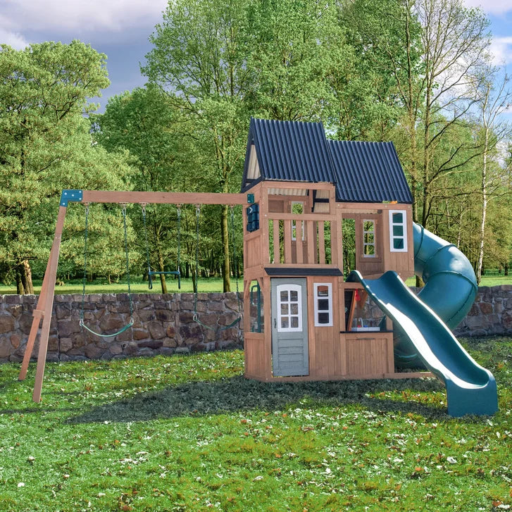 KidKraft Acadia Manor Wooden Outdoor Swing Set with Two Slides