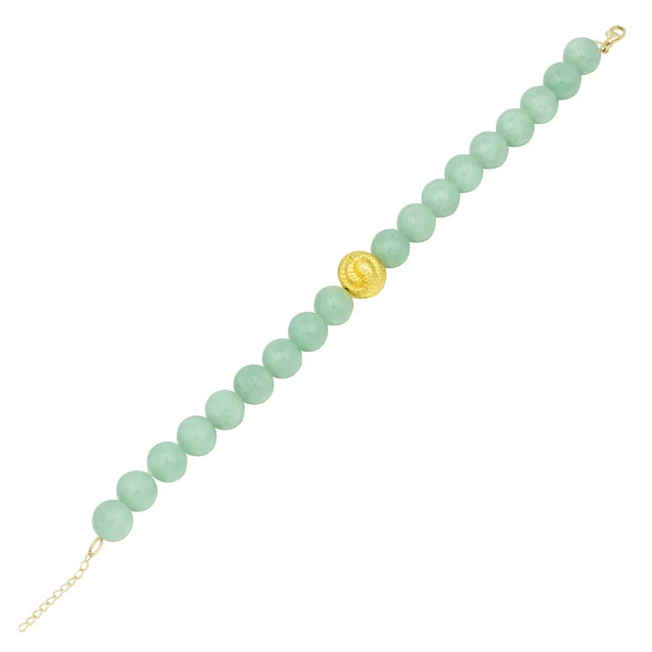 Green Jade Bead Bracelet with Serpent in Yellow Gold