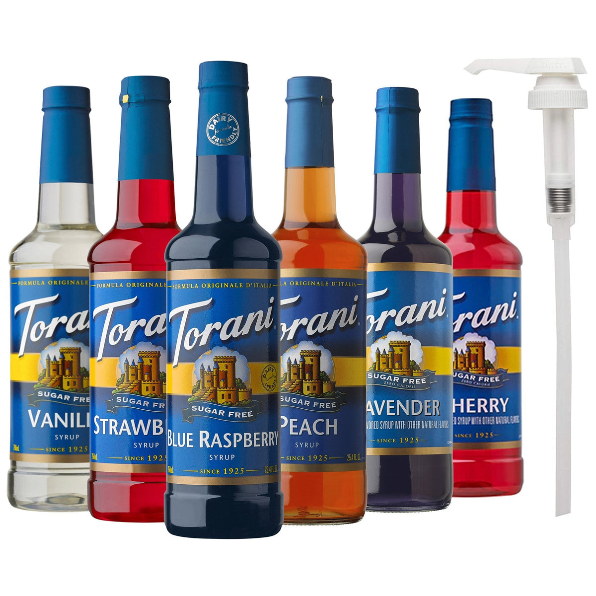 Torani Sugar Free Syrup Variety Pack, 6 × 750 mL + 1 Pump