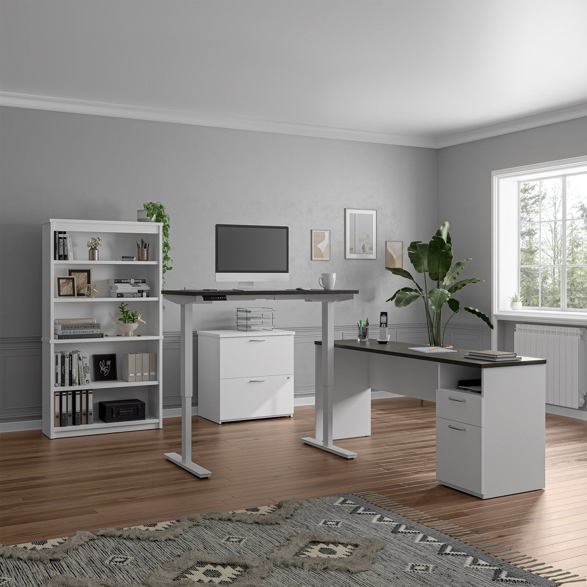 Bestar Upstand 4-piece L-shaped Workstation with Height Adjustable Desk
