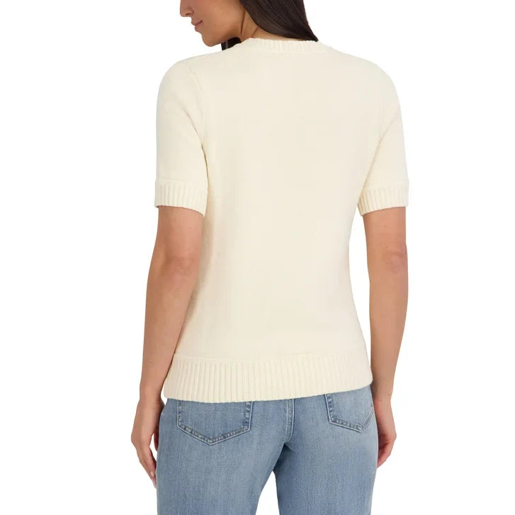 Halston Women's Short Sleeve Cotton Cable Sweater