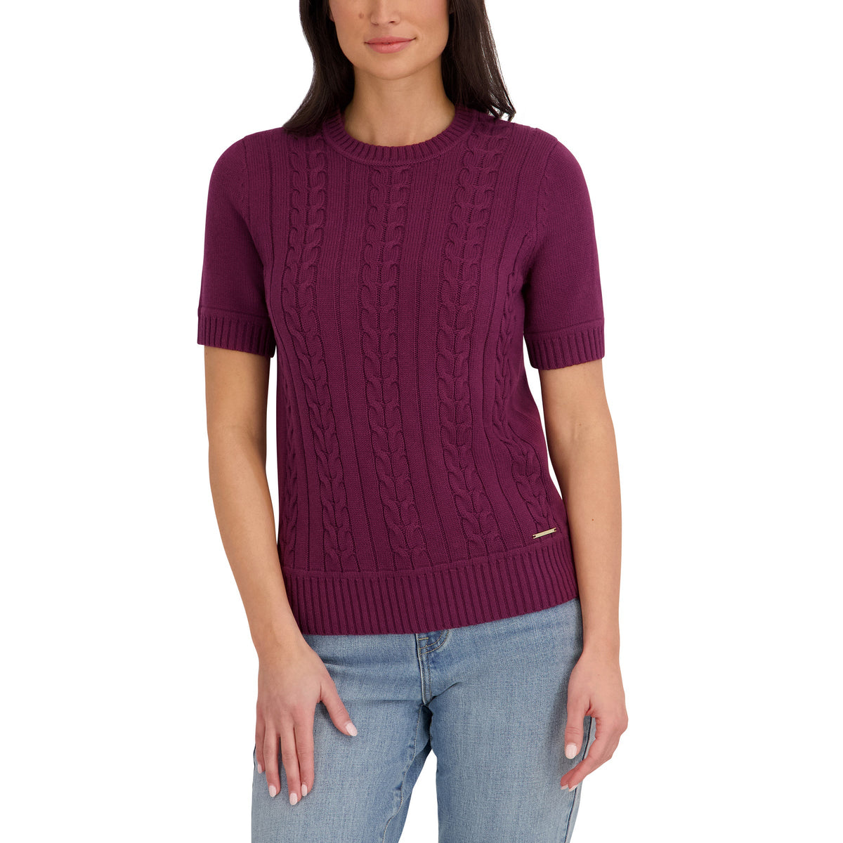 Halston Women's Short Sleeve Cotton Cable Sweater