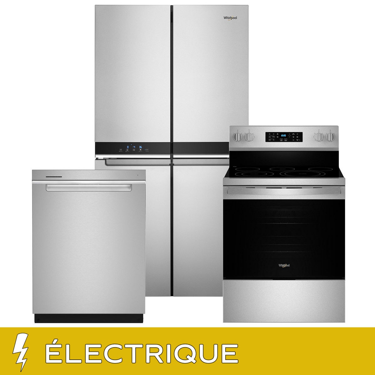 Whirlpool Kitchen Suite with Stainless Steel 36 in. 19.4 cu ft. Counter Depth 4 Door Refrigerator, 30 in. 5.3 cu ft. Electric Range and 24 in. Dishwasher