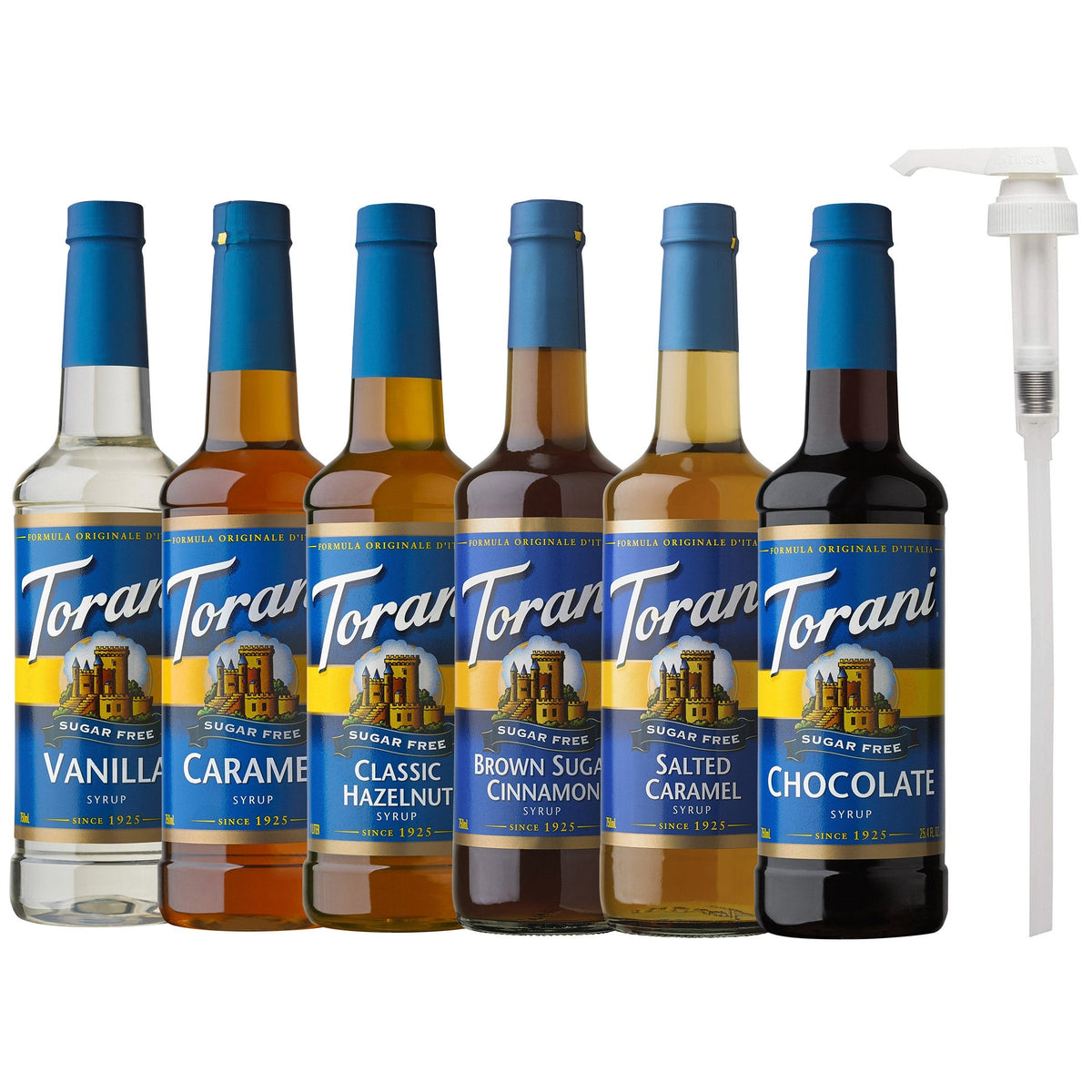 Torani Sugar Free Syrup Variety Pack, 6 × 750 mL + 1 Pump