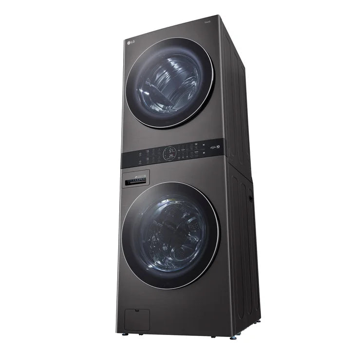 LG Black Steel Single Unit Front Load WashTower with Centre Control 5.2 cu. ft. Steam Washer and 7.4 cu. ft. Steam Gas Dryer
