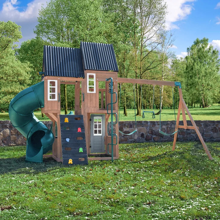 KidKraft Acadia Manor Wooden Outdoor Swing Set with Two Slides