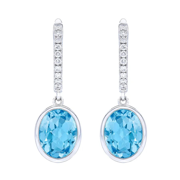 Oval Cut Swiss Blue Topaz and Diamond Earrings (0.16 ctw)