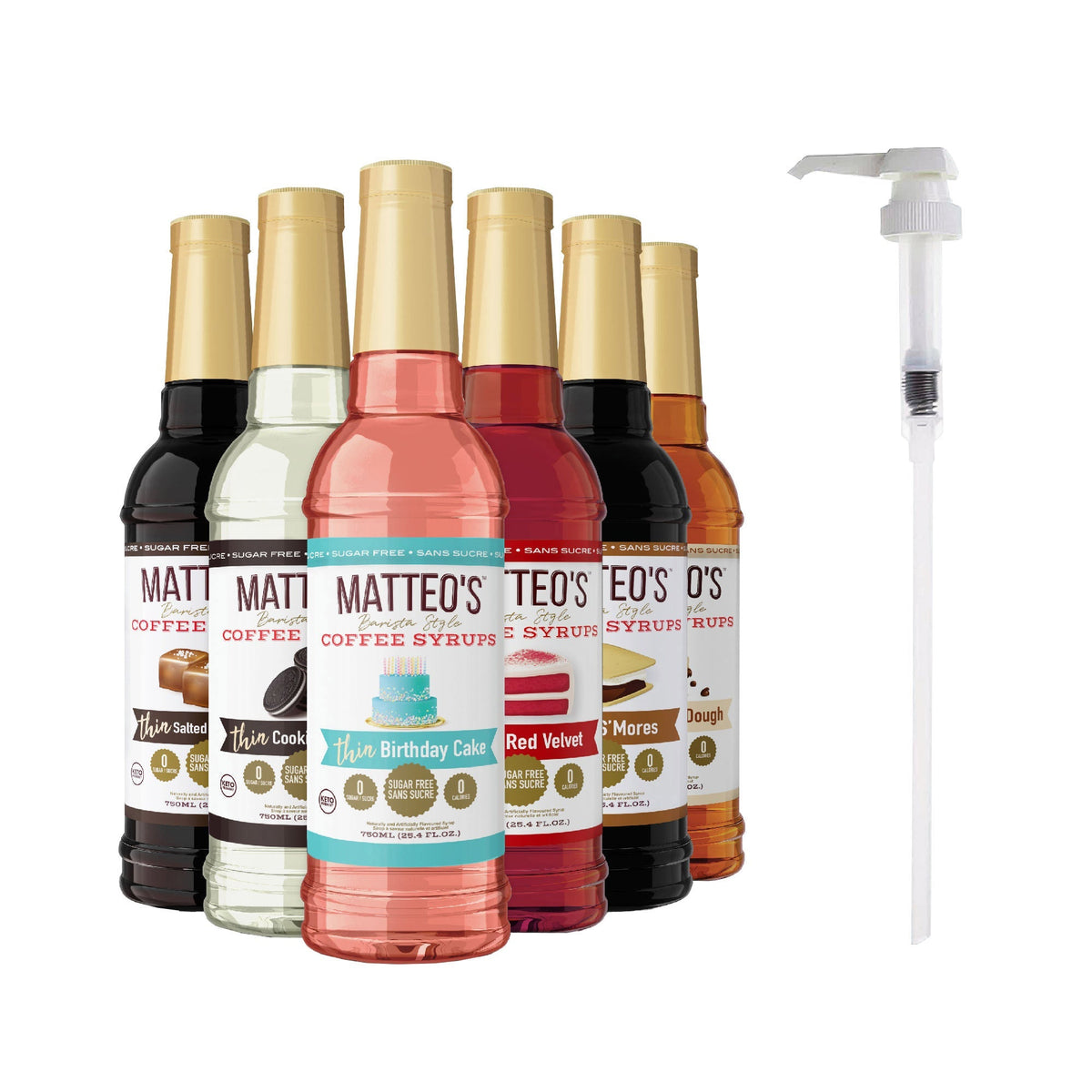 Matteo's Sugar-Free Coffee Syrup Variety Pack, 6 × 750 mL + 1 pump
