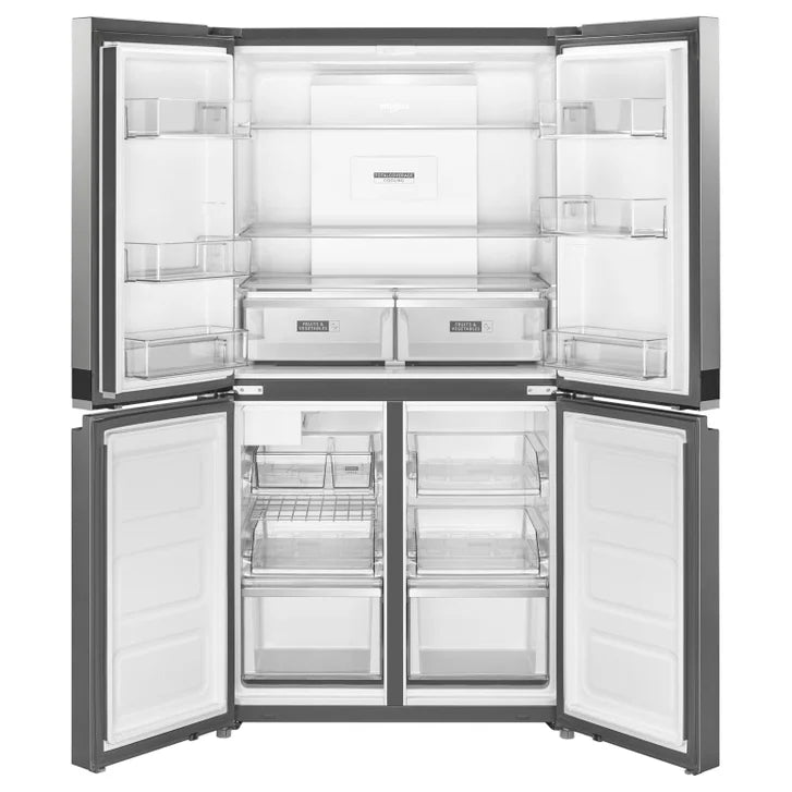 Whirlpool Kitchen Suite with Stainless Steel 36 in. 19.4 cu ft. Counter Depth 4 Door Refrigerator, 30 in. 5.3 cu ft. Electric Range and 24 in. Dishwasher