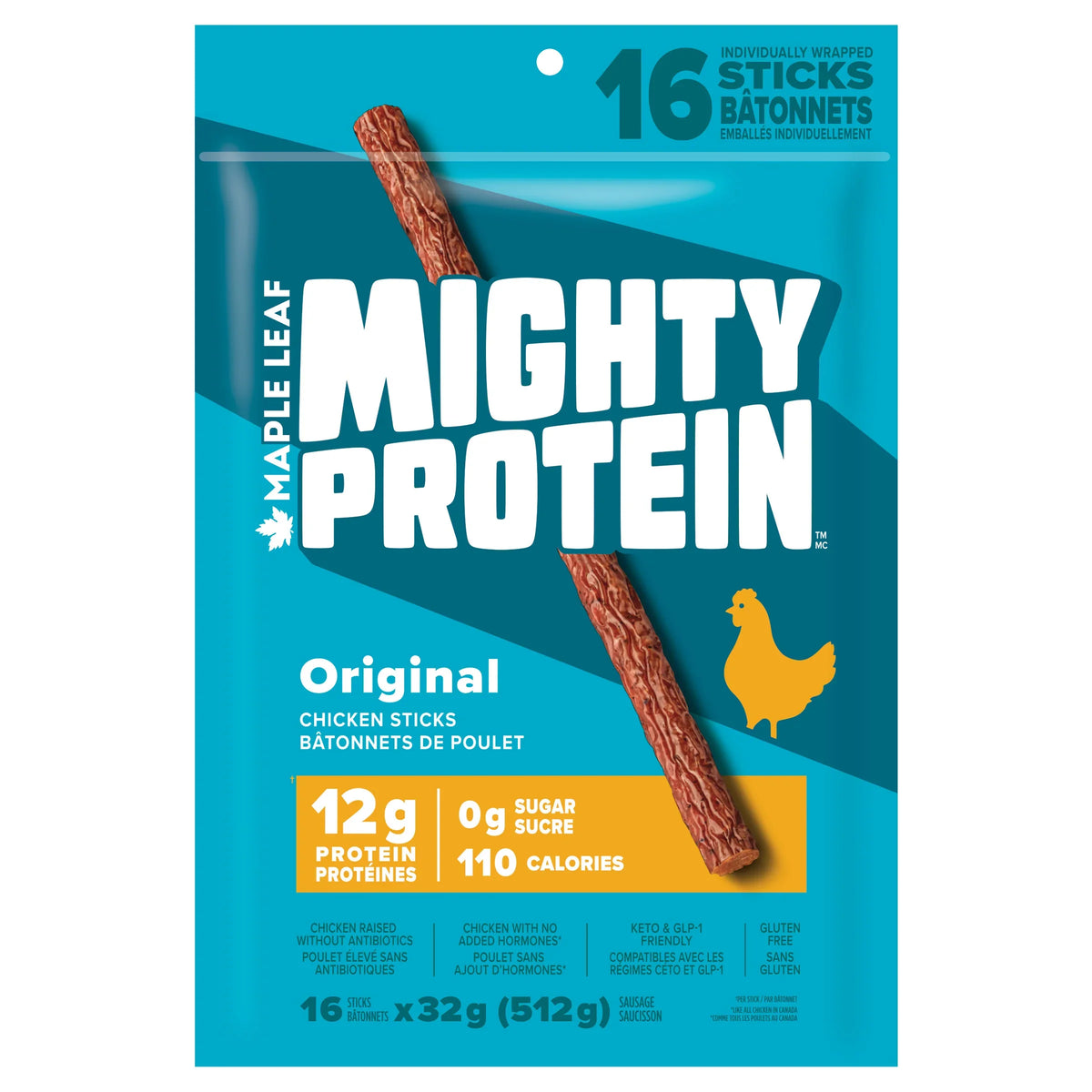 Maple Leaf Mighty Protein Original Chicken Sticks, 16 × 32 g