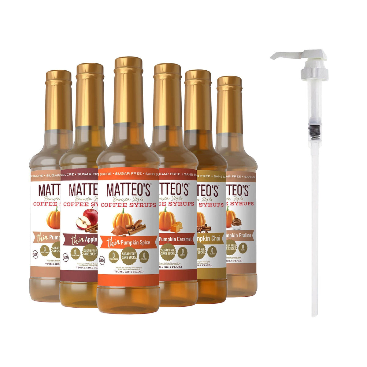 Matteo's Sugar-Free Coffee Syrup Variety Pack, 6 × 750 mL + 1 pump