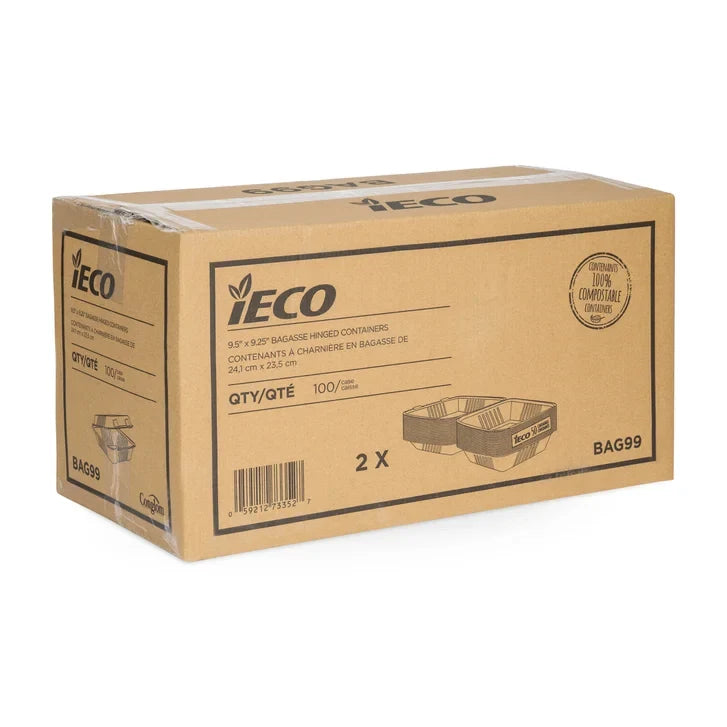iEco 9” x 9” Hinged Bagasse Containers, 100-pack