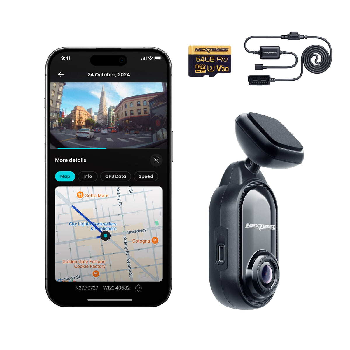 Nextbase Piqo 1K Dashcam with Bonus 64GB MicroSD Card and Piqo Quick Connect Cable