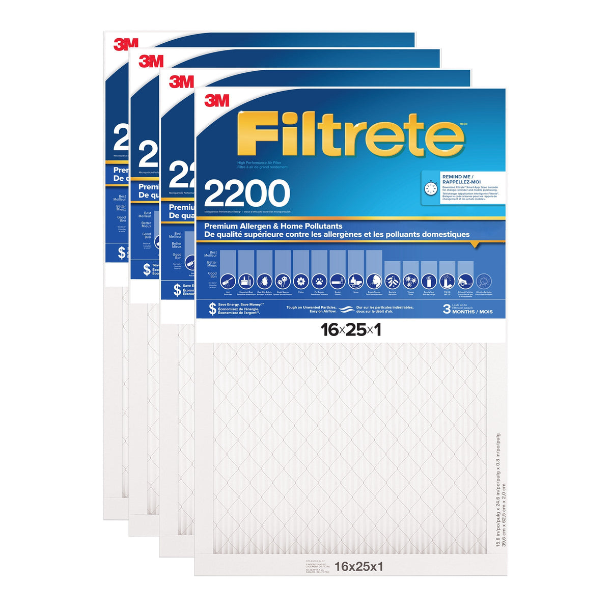 3M Filtrete MPR 2200 1-in Premium Furnace Filters, 4-pack