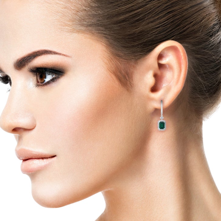 Emerald Cut Lab Created Emerald and Diamond Earrings (0.22 ctw)