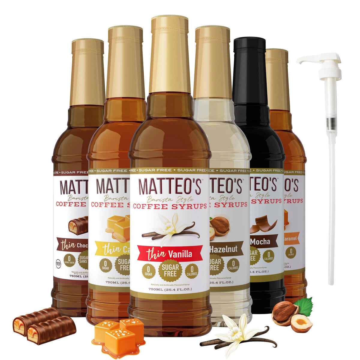 Matteo's Sugar-Free Coffee Syrup Variety Pack, 6 × 750 mL + 1 pump