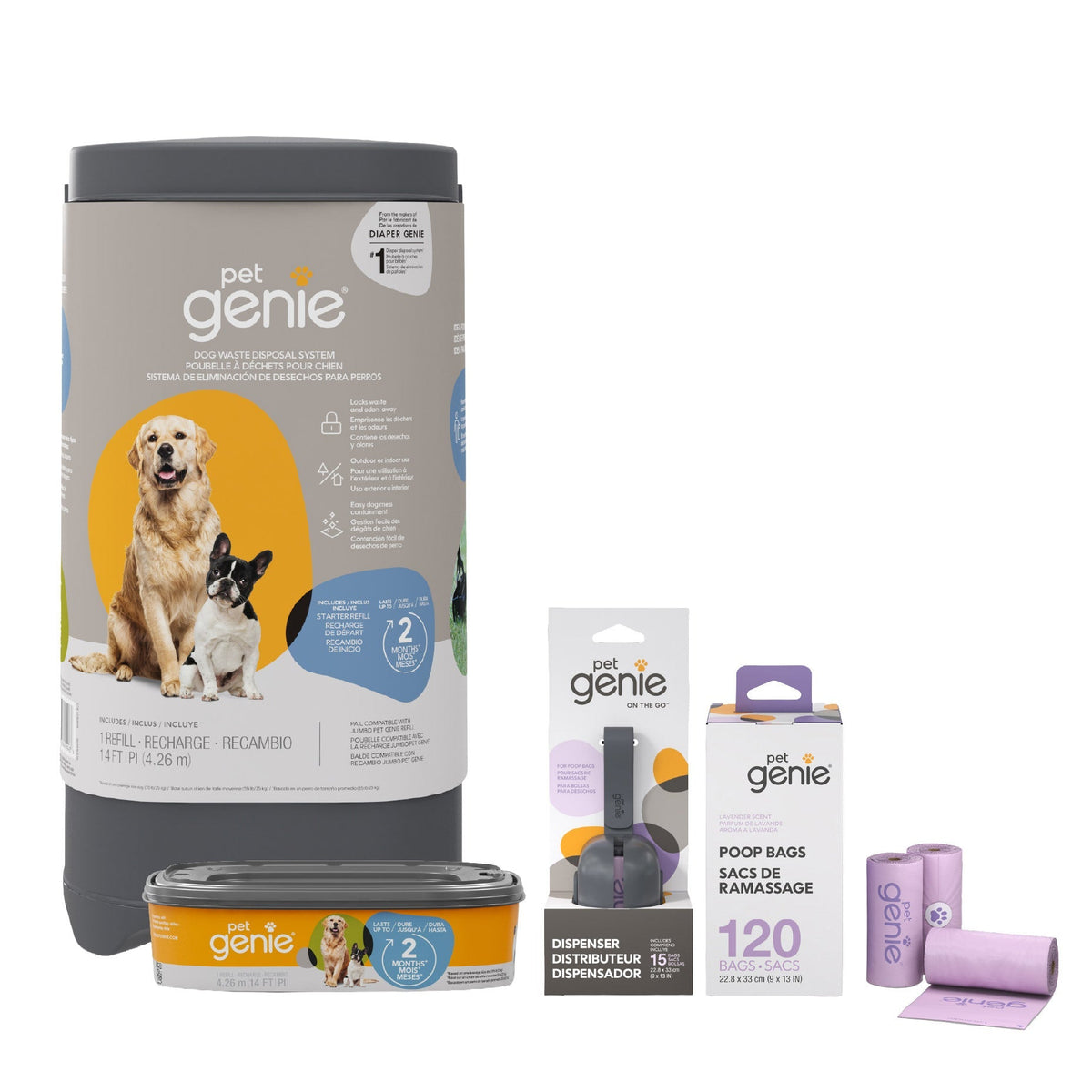 Pet Genie Dog Waste Pail Bundle with 120 Bags and Dispenser