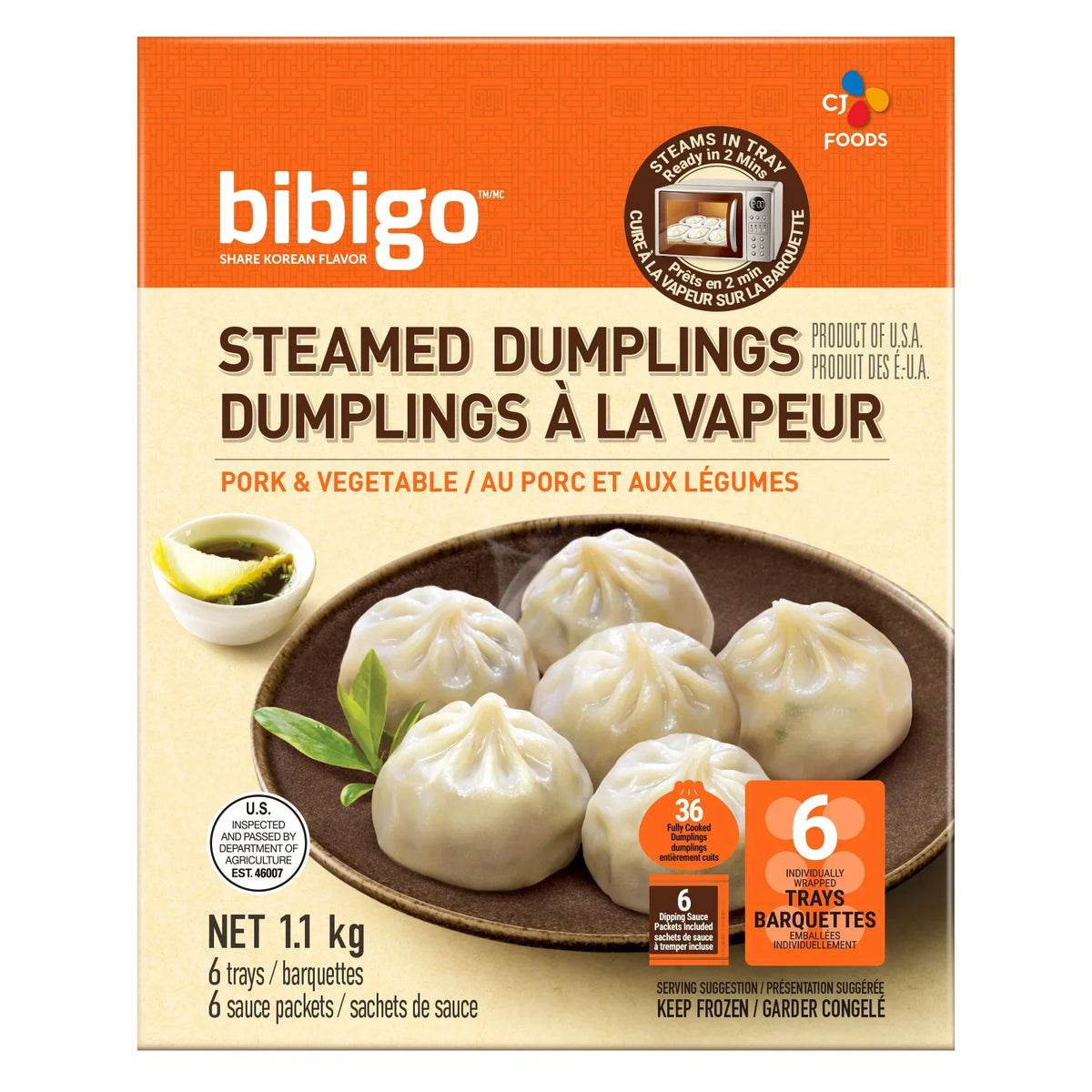 CJ Bibigo Frozen Steamed Pork & Vegetable Dumplings, 1.1 kg