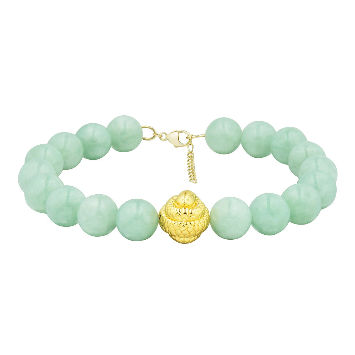 Green Jade Bead Bracelet with Serpent in Yellow Gold