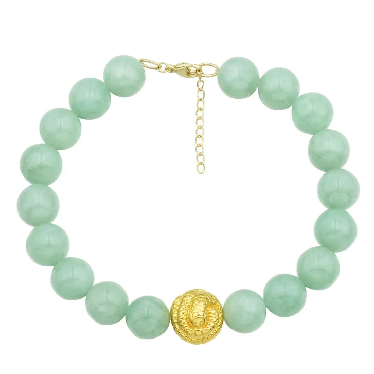 Green Jade Bead Bracelet with Serpent in Yellow Gold