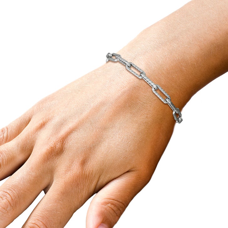 High Polish and Textured Paperclip Bracelet in White Gold