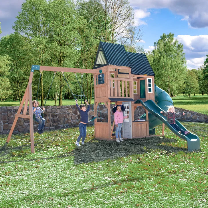 KidKraft Acadia Manor Wooden Outdoor Swing Set with Two Slides