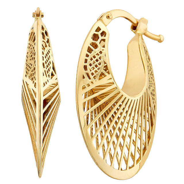 High Polish Filigree Oval Hoop Earrings in Yellow Gold R9