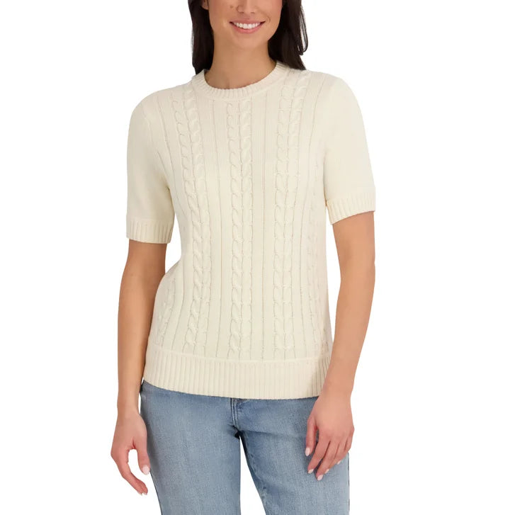 Halston Women's Short Sleeve Cotton Cable Sweater