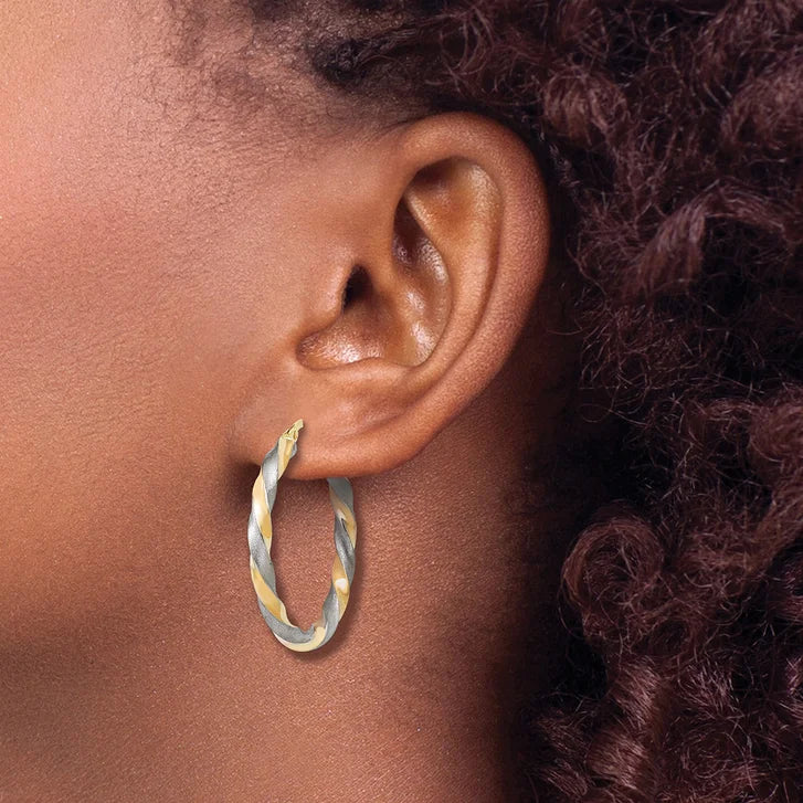 Diamond Cut Twisted Hoop Earrings in Two Tone Gold