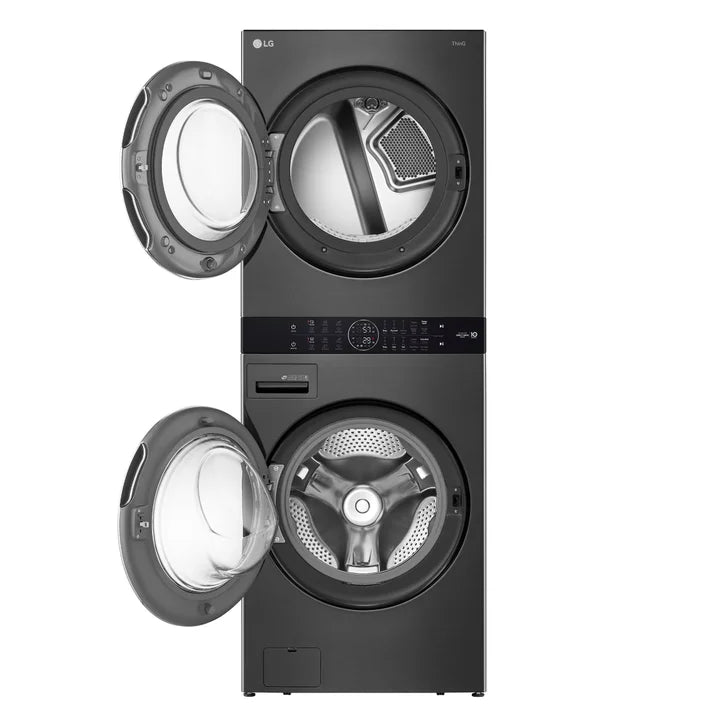 LG Black Steel Single Unit Front Load WashTower with Centre Control 5.2 cu. ft. Steam Washer and 7.4 cu. ft. Steam Gas Dryer
