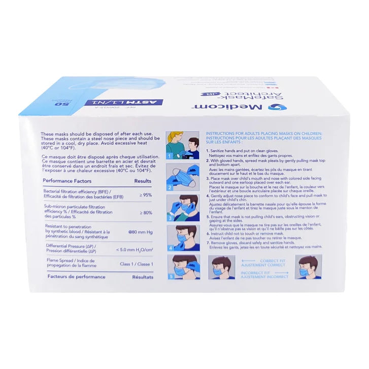 Medicom SafeMask Pediatric Procedure Face Masks for Kids, 50 Blue Masks