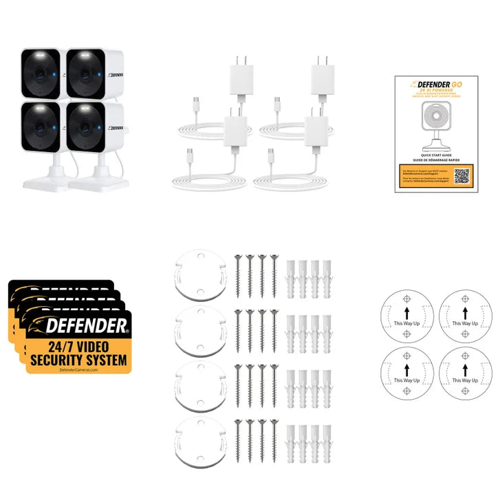 Defender GO 2K AI Powered Plug-in Indoor/Outdoor Wi-Fi Security Cameras, 4-pack
