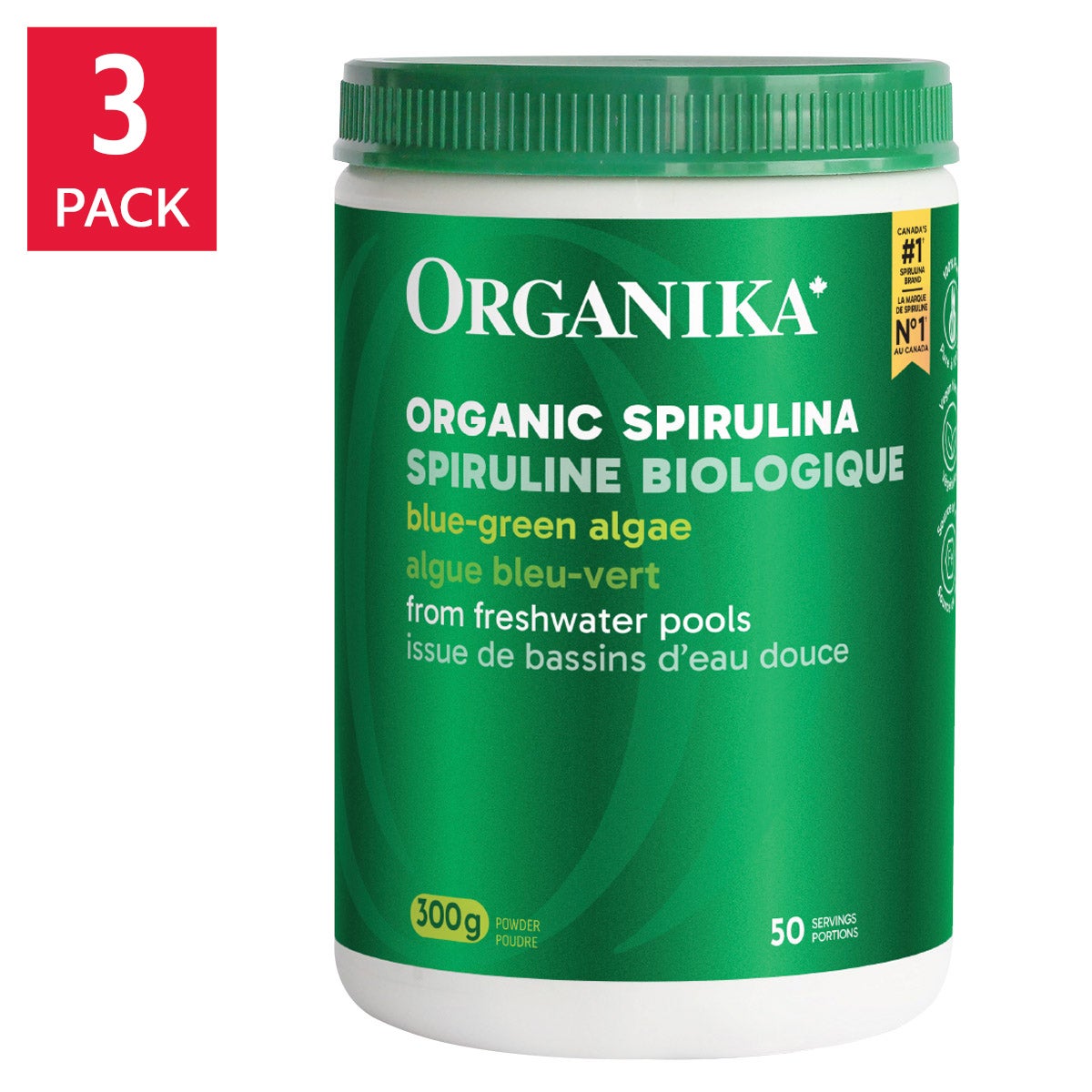 Organika Organic Spirulina Powder, 3 Bottles of 300 g