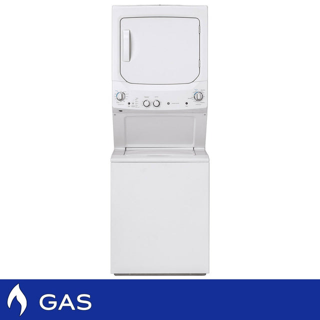 GE White 2.6 cu. ft. (I.E.C) Washer and 4.4 cu. ft. Dryer Gas Laundry Center I5