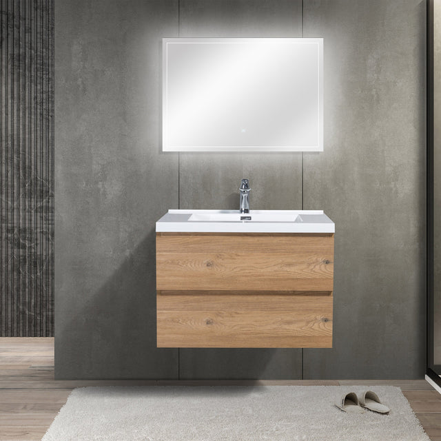 SERA CAPRI Textured Oak Finish Wall-Hung Vanity with Glossy White Polymarble Countertop C1