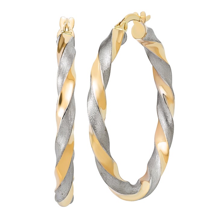 Diamond Cut Twisted Hoop Earrings in Two Tone Gold