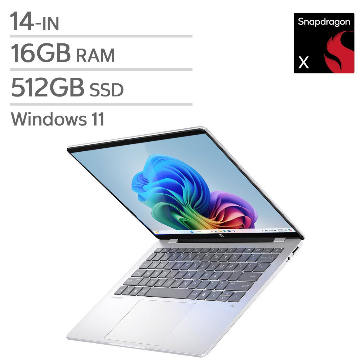 HP OmniBook 5 14-in Copilot+ OLED Laptop, Snapdragon X X1-26-100, 16 GB RAM, 512 GB SSD, Qualcomm Adreno