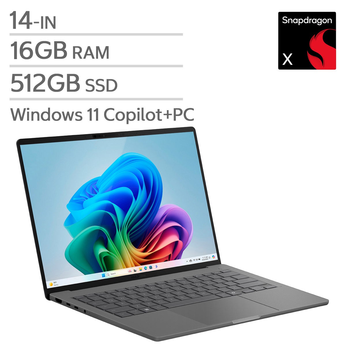 ASUS Zenbook A14 OLED Copilot+ PC 14-in Laptop, Qualcomm Snapdragon X X1-26-100 – 16GB RAM, 512GB SSD, Qualcomm Adreno
