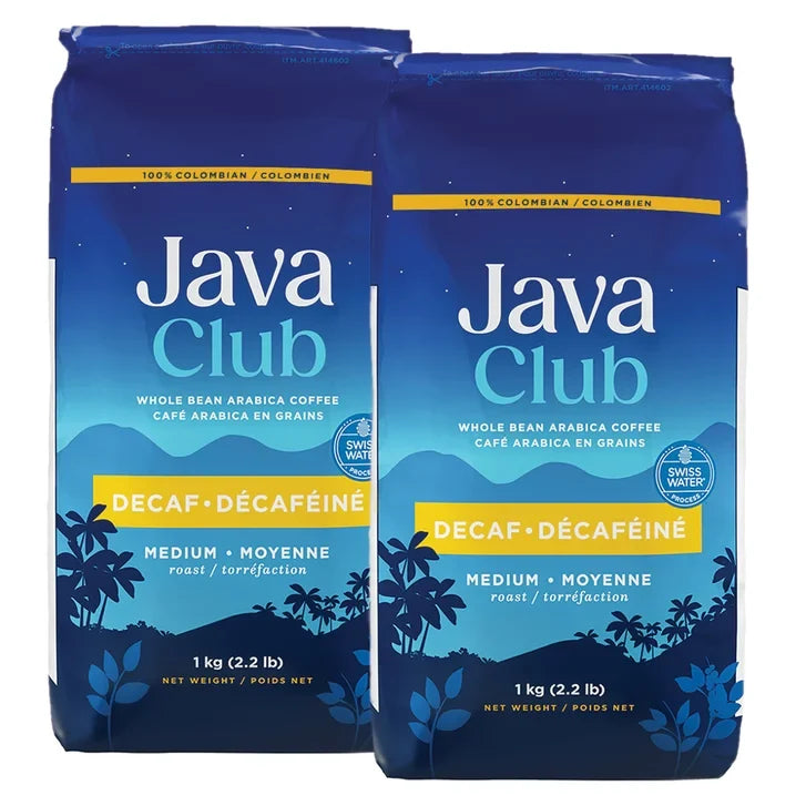 Java Club 100% Colombian Whole Bean Decaf Arabica Coffee, 2 x 1 kg